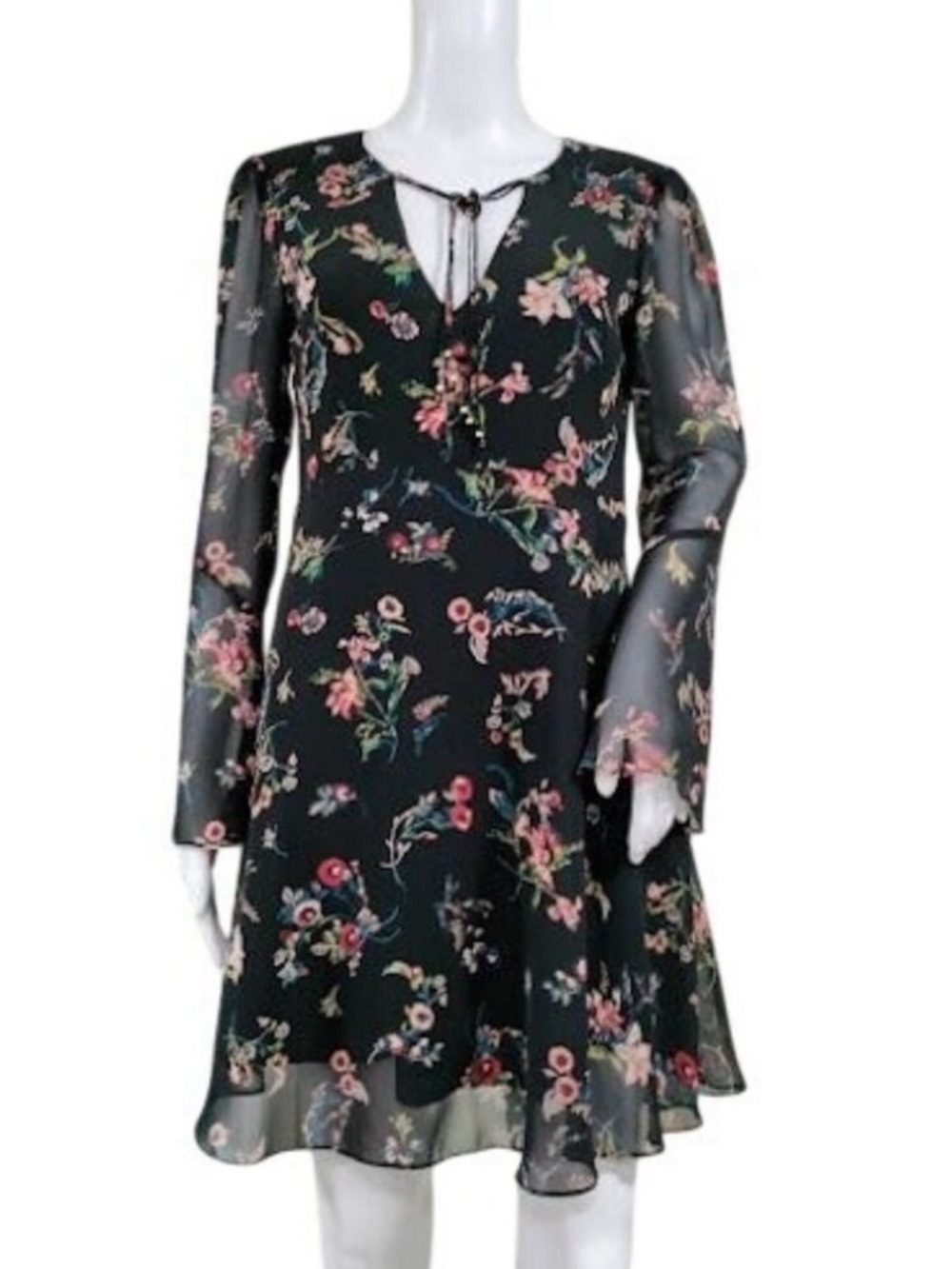 Sam Edelman Black Chiffon Floral A Line Dress, Long Sleeves 💐
